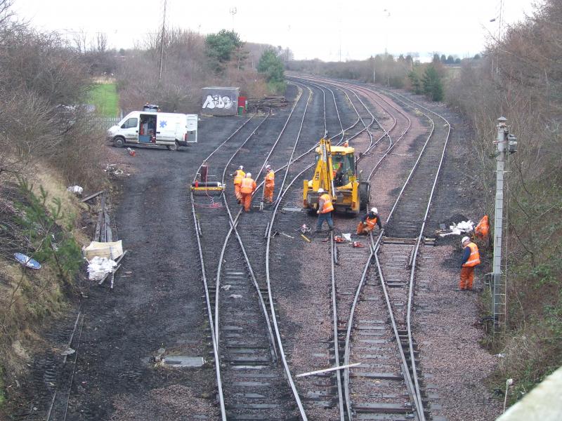 Work at Cockenzie 29 January 2009: Work going on on the track layout at Cockenzie on 29 January 2009, during which a coal train was unloading in two sections at the discharge point. Photo of Work at Cockenzie 29 January 2009