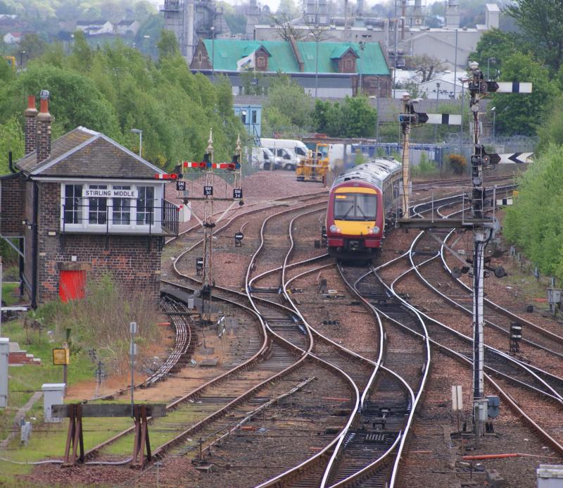 Stirling Middle: SPT liveried DMU passes the Stirling Middle box running south. Taken from a new vantage point - on the new Forthside Bridge. Photo of Stirling Middle