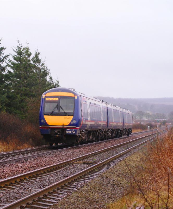 Just left Ladybank: First Scotrail 170420 - Turbostar builds up speed on the long stretch near Ladybank Station. Photo of Just left Ladybank