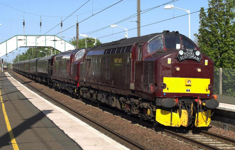 Royal Scotsman charter passing Longniddry station: 37676+37516 haul the Royal Scotsman charter from Drem to Taynuilt. 14 May 2009 Photo of Royal Scotsman charter passing Longniddry station