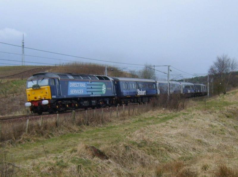 Stobart Pullman: It was good while it lasted. 47802 and 47501 top and tail Stobart Pullman past craigenhill, I believe its only visit to Scotland. Photo of Stobart Pullman