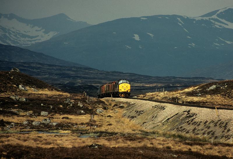 West Highland Freight, 1991: 37401 takes the Mossend - Corpach SLK over Rannoch Moor (probably the most remote photo location in the country) Photo of West Highland Freight, 1991