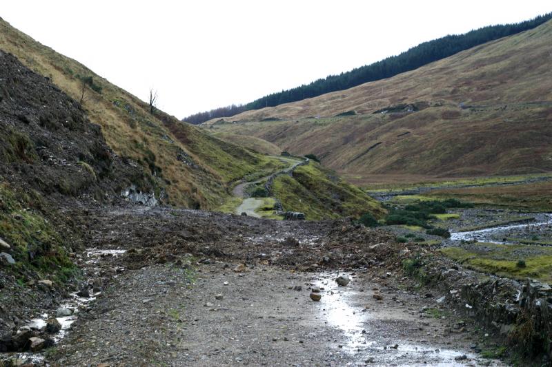 WHWay: View taken 19/12/06 of West Highland Way closed by mud, soil and debris from landslip between Horseshoe Curve and County March Summit which also closed WHL Photo of WHWay