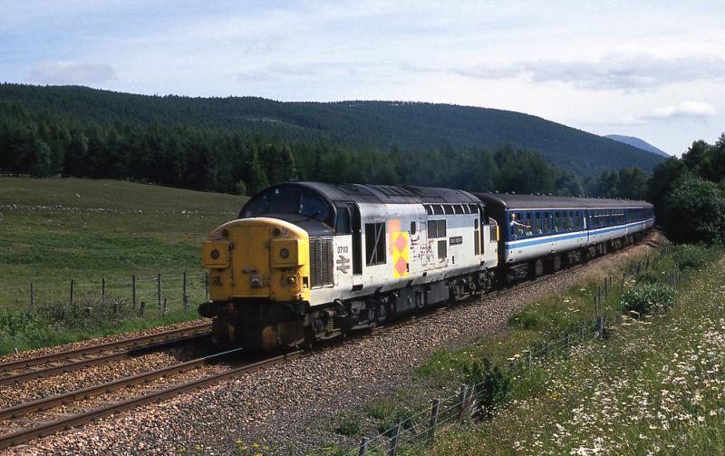 37113, three weeks from the end.: 37113 was one of the locos working the Edinburgh - Inverness Saturday extras in 1994. Here she is heading north past Pitagowan, near Bruar, with the Photo of 37113, three weeks from the end.