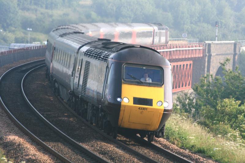 XC HST Crossing Jamestown viaduct: Early morning in hazy sunshine at Jamestown viaduct with the Dundee Plymouth. Photo of XC HST Crossing Jamestown viaduct