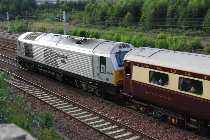 67029 on1Z27 At Larkfield Junction: 67029, Trailing, T & T with 67006 passes Larkfield Junction Heading North to Aberdeen on 1Z27, 16th July, returning from Turnberry on the Golf-Ex Photo of 67029 on1Z27 At Larkfield Junction