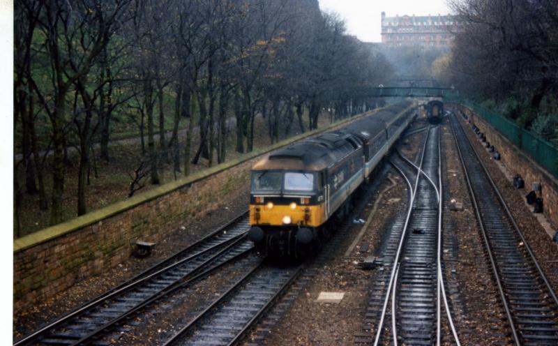 Gardens view- 47713: 47713 TAYSIDE REGION with the 0930 from Queen Street in Princes Street Gardens in December 1987. Photo of Gardens view- 47713