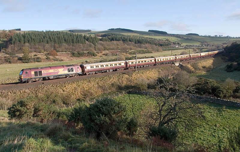 Northern Belle at Houndwood: Autumn colours and plenty of contrast at Houndwood as 67017 'Arrow' heads north with the Northern Belle on 07/11/09. Photo of Northern Belle at Houndwood