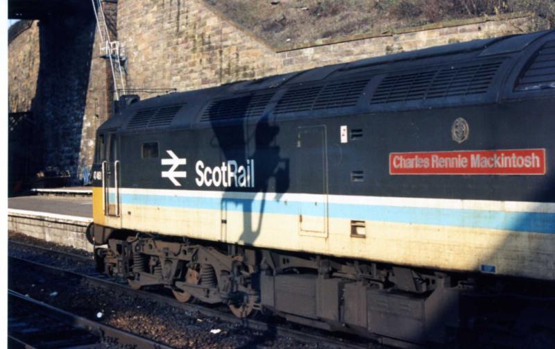 Inverness bound: 47461 CHARLES RENNIE MACKINTOSH at the head of the 1803 from Queen Street to Inverness in April 1988. Photo of Inverness bound