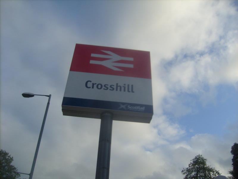 New station singage at Crosshill station: Showing the new livery on the entrance sign at Crosshill station in Glasgow. Photo of New station singage at Crosshill station