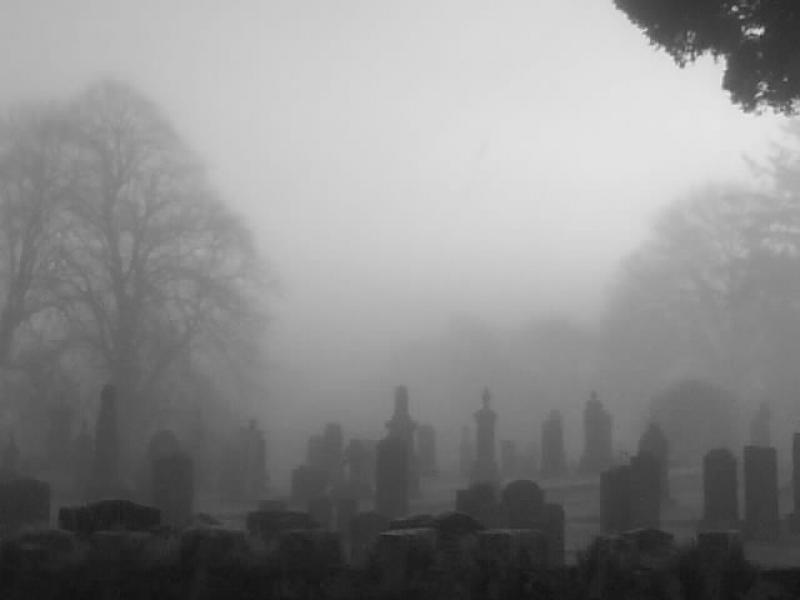 Misty graveyard: Graveyard in mist. Photo of Misty graveyard