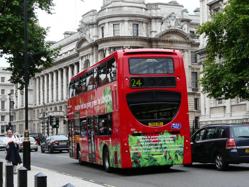 Hybrid Technology in action: Rear view of London's EH1 'Enviro' heading up Whitehall on service 24 on 26 July 2009. Photo of Hybrid Technology in action