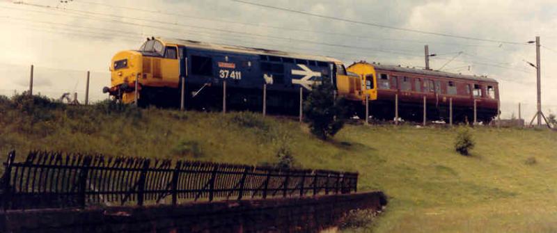 37411: 37411 INSTITUTION OF RAILWAY SIGNAL ENGINEERS at Partick with an inspection saloon in 1987.
I believe she is now called CAERPHILLY CASTLE. Photo of 37411