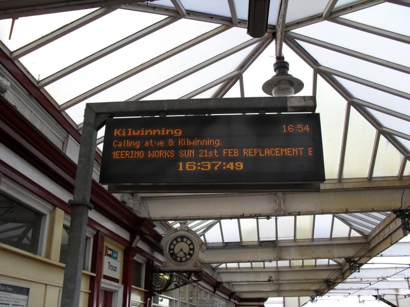 Troon PIS screen: Trains terminating at Kilwinning due to engineers up at Glengarnock further up the line from Ayr to Glasgow Central. A replacement bus service was in operation. Photo was taken on 21/02/10. Photo of Troon PIS screen