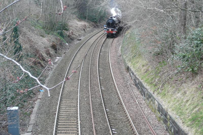 Princess Elizabeth on the Edinburgh Sub: 6201 approaches the roadbridge at Woodburn Terrace Edinburgh after passing the site of the former Morningside Station on 1st April 2010. Photo of Princess Elizabeth on the Edinburgh Sub