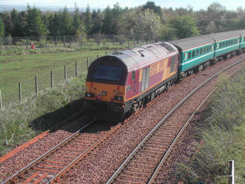 67025: 67025 on the rear of the Crewe to Aberdeen Compass Tour. Seen approaching Carmuirs East Junction on Monday 3rd May 2010. Photo of 67025