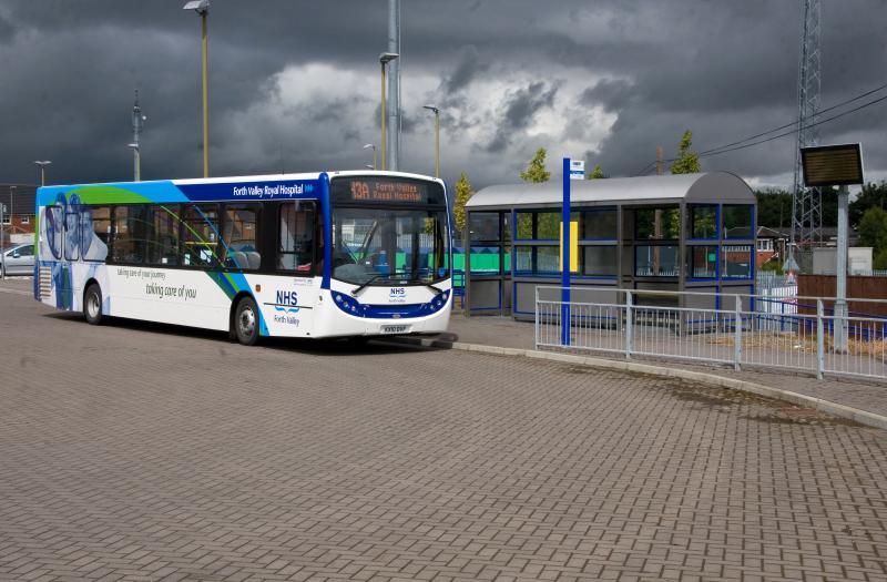 Bus turning circle at Larbert rail station is open!: One of the newly introduced shuttle buses from Larbert Rail station to the new Forth Valley Royal Hospital which has opened nearby Photo of Bus turning circle at Larbert rail station is open!