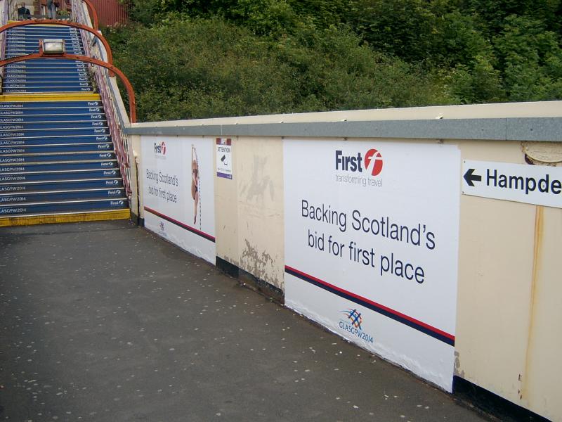 2014 branding: Glasgow 2014 Commonwealth Games bid branding at Mount Florida Station Photo of 2014 branding
