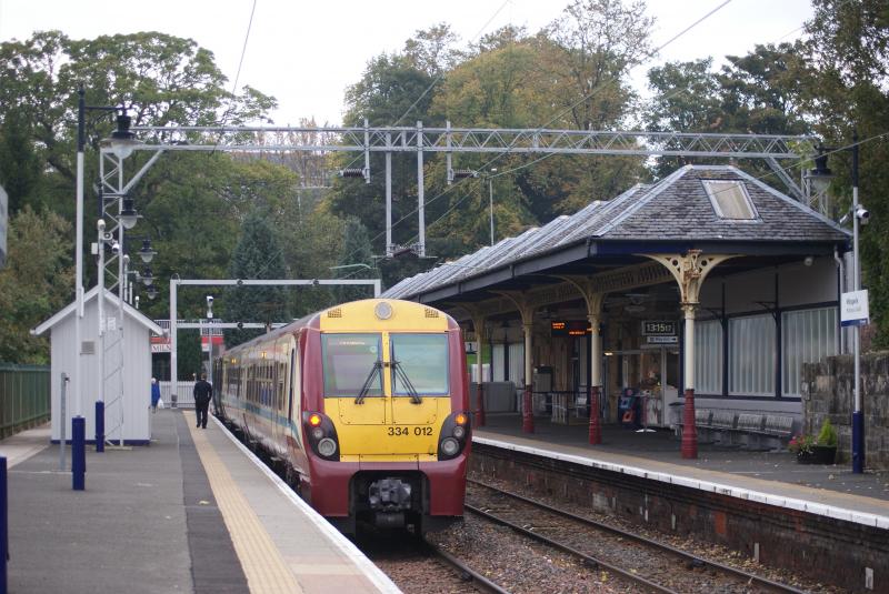 Milngavie Station 9/10/10: 334012 has just arrived in Milgavie and awaits it's passengers for the next trip to Motherwell.These 334's will soon be re-liveried to Transport Scotland blue. Photo of Milngavie Station 9/10/10