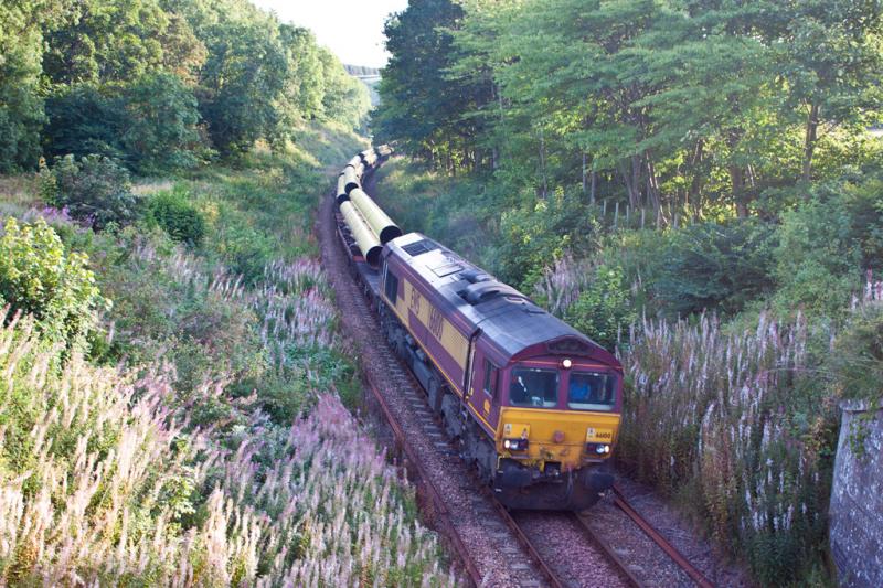Collessie: 66100 working 6X88 Hartlepool to Georgemas Jcn pipe train, clears Collessie Den and will pass below the B937 road to Lindores. The line will skirt road the edge to Lindore Loch. 31/8/10 Photo of Collessie