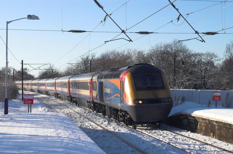 East Midland Trains HST: On hire to EC, 43066 leads the 12.30 from Waverley through Longniddry. 8 December 2010 Photo of East Midland Trains HST