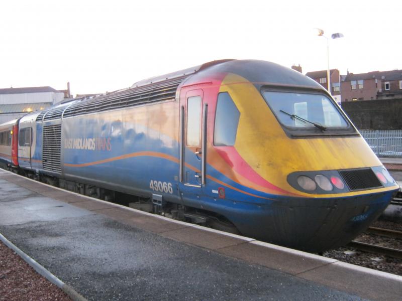 EMT. HST,at Arbroath: 43066 of East Midland Trains pauses at Arbroath on the last day of 2010 with an Aberdeen-Leeds train. Photo of EMT. HST,at Arbroath