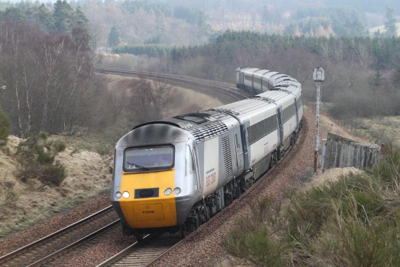 HST at Bardrill Road: In a the morning haze, 43316/19 bring the Inverness-London train round the curve toward Blackford on 2 March 2011 Photo of HST at Bardrill Road