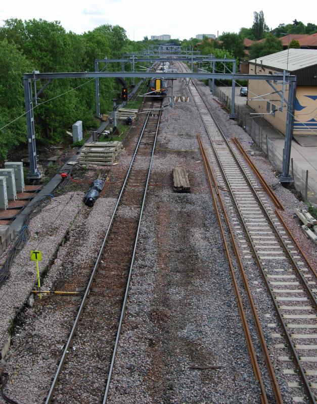 Glasgow-Paisley Corridor Enhancement: Looking East towards Shields depot , top right, 380007 passes Shields West Junction (Burma Road) on its way to Glasgow Central
The Prep work for the upgrade are to the right Photo of Glasgow-Paisley Corridor Enhancement