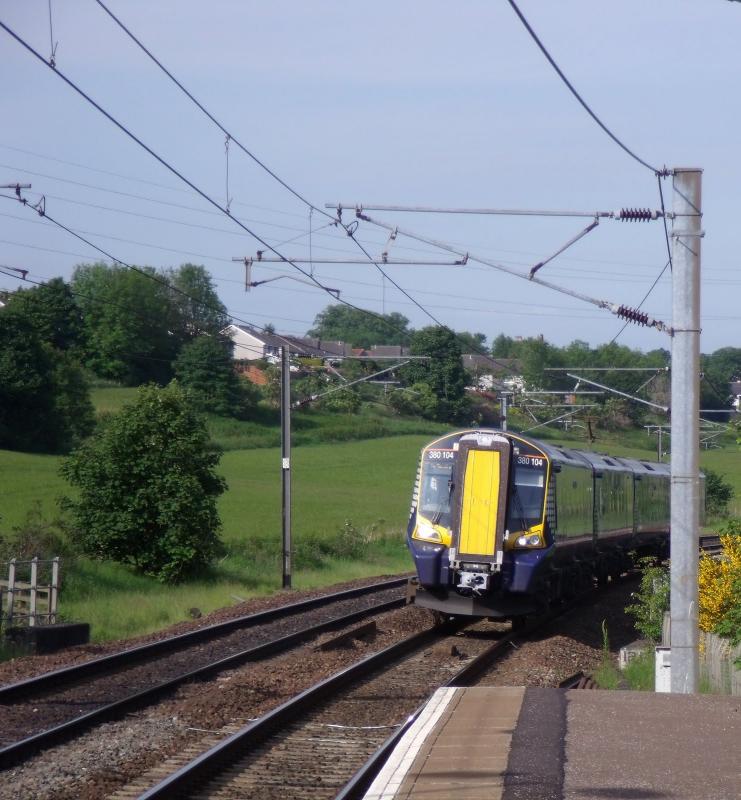 380104 at Curriehill: The first fare-earning 380 to North Berwick stopping at Curriehill on Saturday 11th June 2011. Photo of 380104 at Curriehill